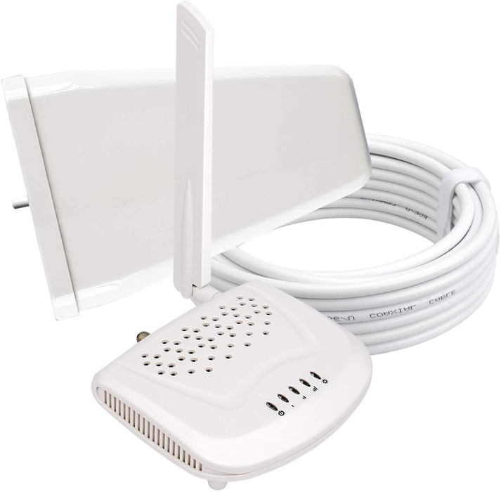 Basic Cabin Signal Booster with antenna, cable, and white housing for extending communication range in remote areas.