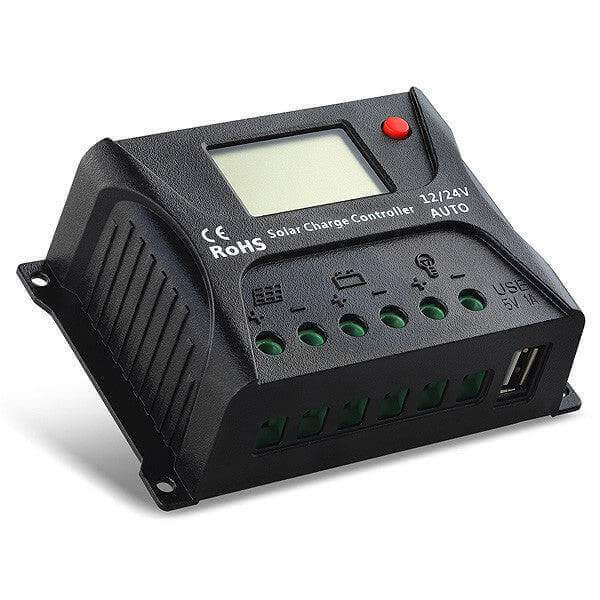 SRNE 10A PWM Charge Controller with automatic voltage recognition, available at Cabin Depot, enhances battery life with 3-stage PWM charging.