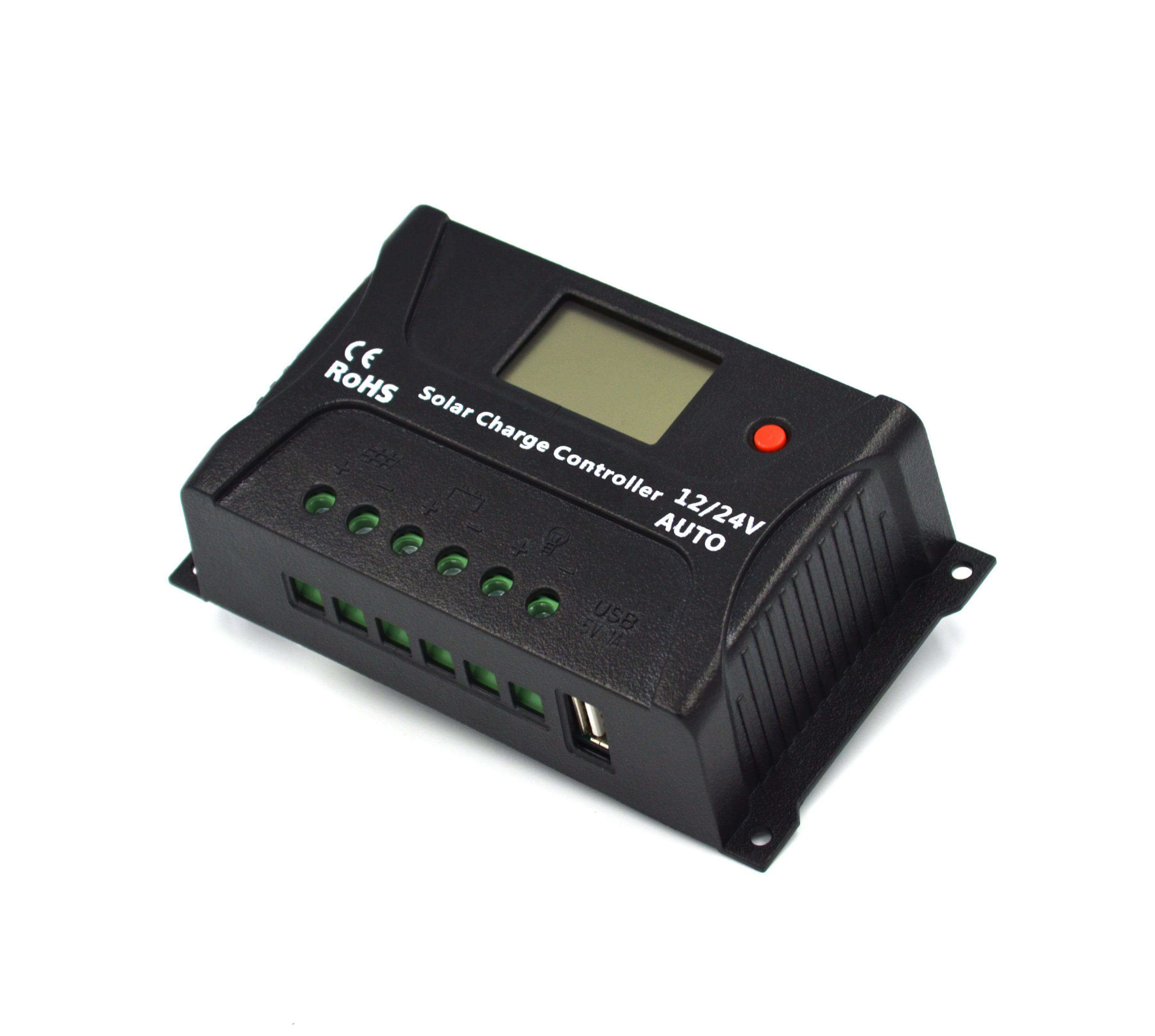 SRNE 20A PWM Charge Controller for 12V/24V systems with 3-stage charging, available at Cabin Depot.
