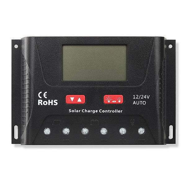 SRNE 40A PWM Charge Controller for solar energy systems at Cabin Depot, supports 12V/24V and multiple battery types, RoHS compliant.