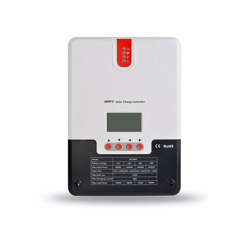 SRNE 60A MPPT Charge Controller with dual-peak tracking for solar efficiency, available at Cabin Depot.