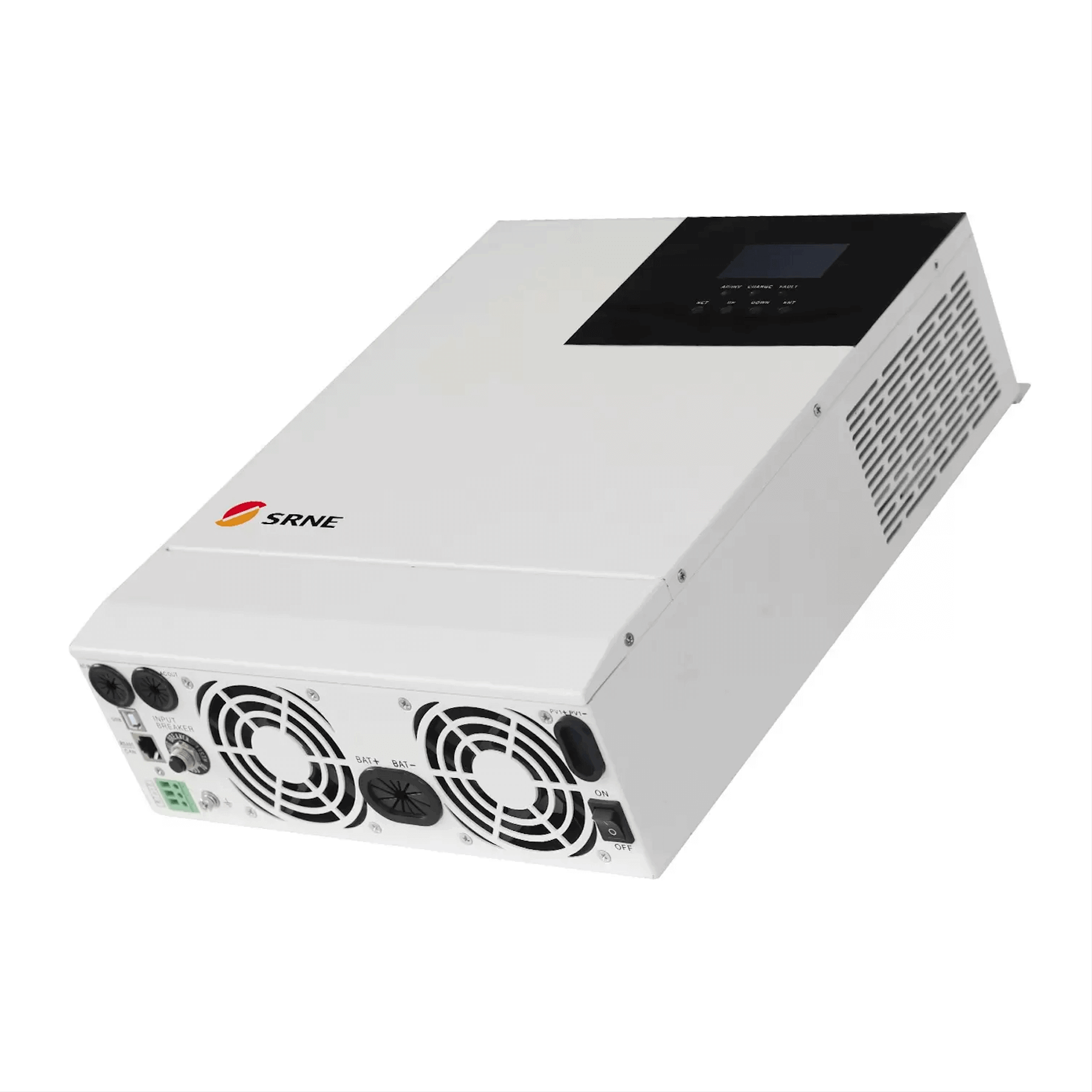 SRNE 3,000W 24V Inverter Charger with LCD screen, ideal for off-grid solar setups at Cabin Depot, featuring ETL certification and MPPT control.