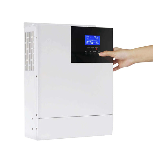 Person adjusting settings on SRNE 3,000W 24V All-In-One Inverter/Charger with LCD display.