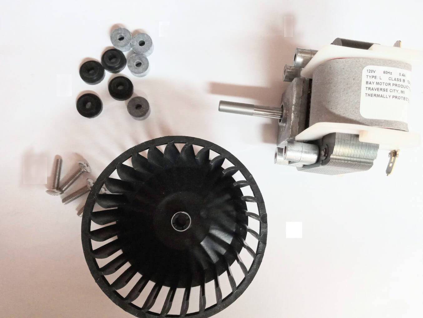 Sun-Mar fan motor kit components for composting toilets, compatible with electric models from 2004 onwards, available at Cabin Depot.