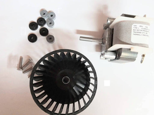 Sun-Mar Fan Motor Kit with fan, motor, and hardware for electric composting toilets post-2004 models, excluding specific units.