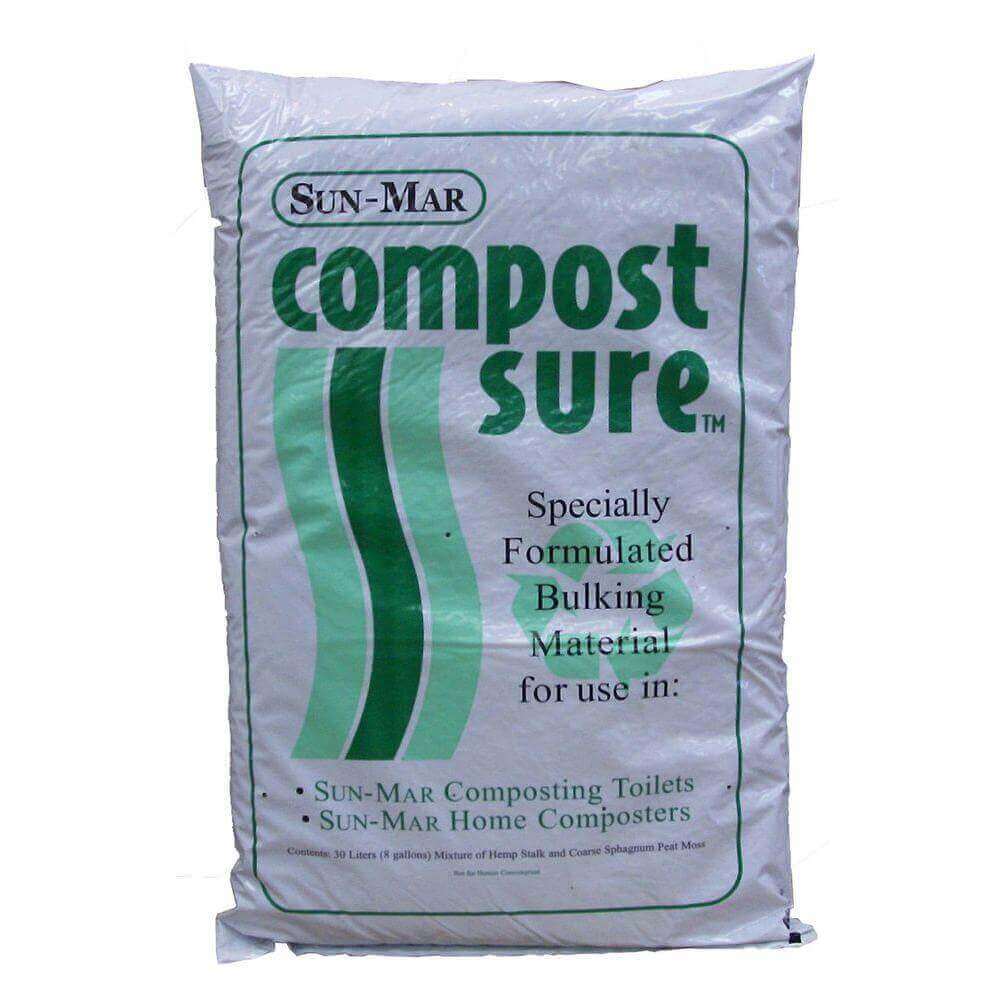 Bag of Sun-Mar Compost Sure, ideal for composting toilets, available at Cabin Depot in limited quantities.