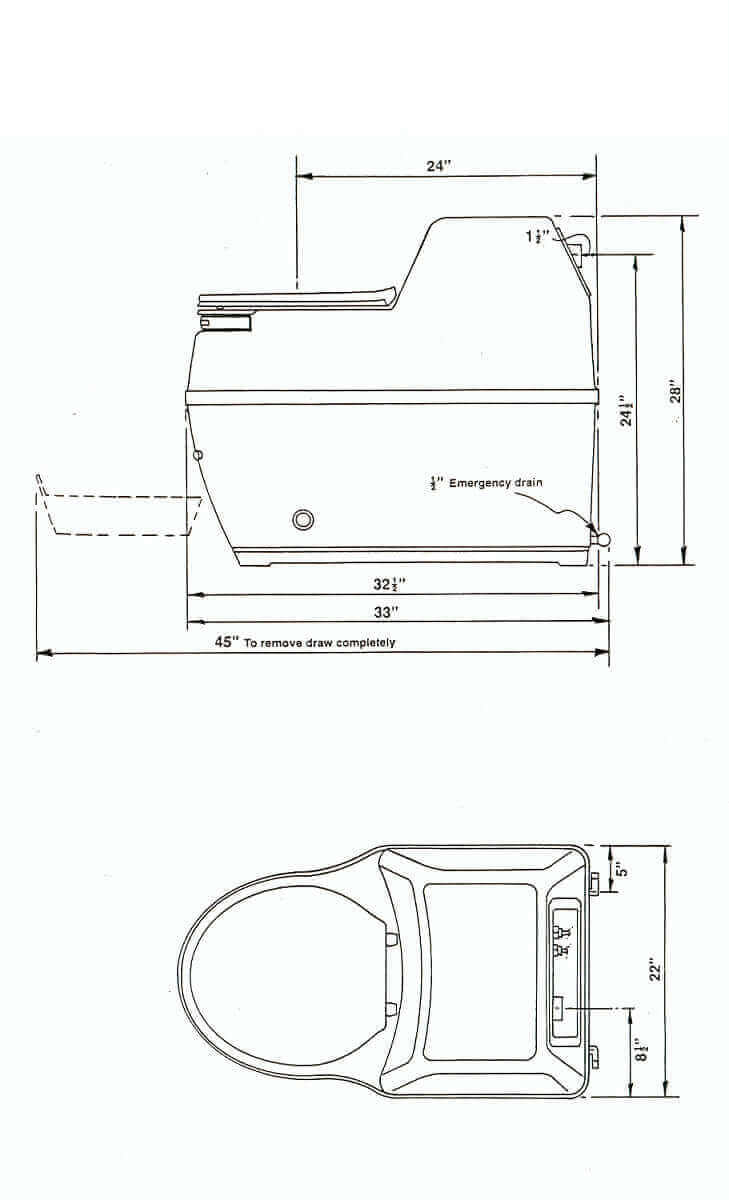 Technical diagram of Sun-Mar Compact Toilet showing dimensions, offered by Cabin Depot for space-efficient bathroom solutions.