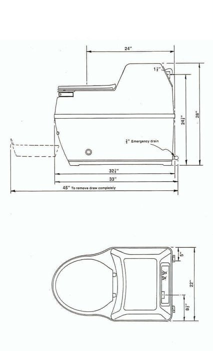 Diagram of Sun-Mar Compact Toilet with dimensions and low profile design.