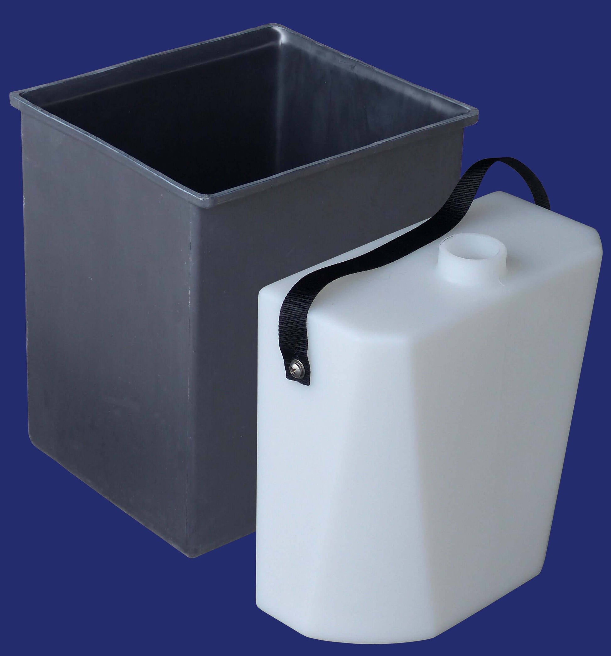 Sun-Mar GTG toilet components, showing black and white containers, available at Cabin Depot. Ideal for compact and economical toilet solutions.