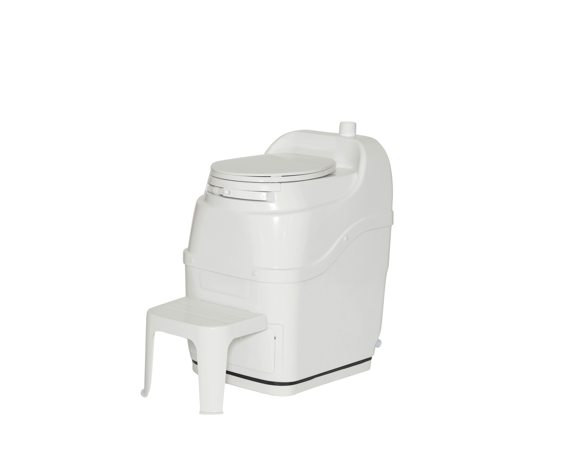 Sun-Mar SpaceSaver Toilet, compact design ideal for small spaces, features high-quality turbo-fan. Available at Cabin Depot.