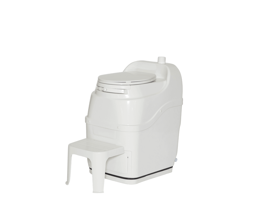 Compact Sun-Mar SpaceSaver Toilet with high quality turbo-fan, ideal for small spaces like closets or corners.