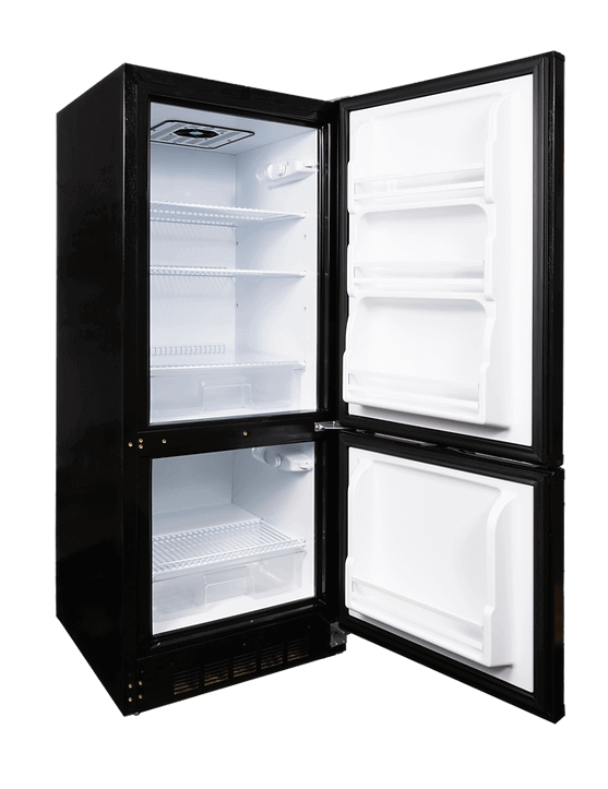 SunStar 10CU Solar DC/AC Refrigerator in Black open view showing shelves and storage, available at Cabin Depot.