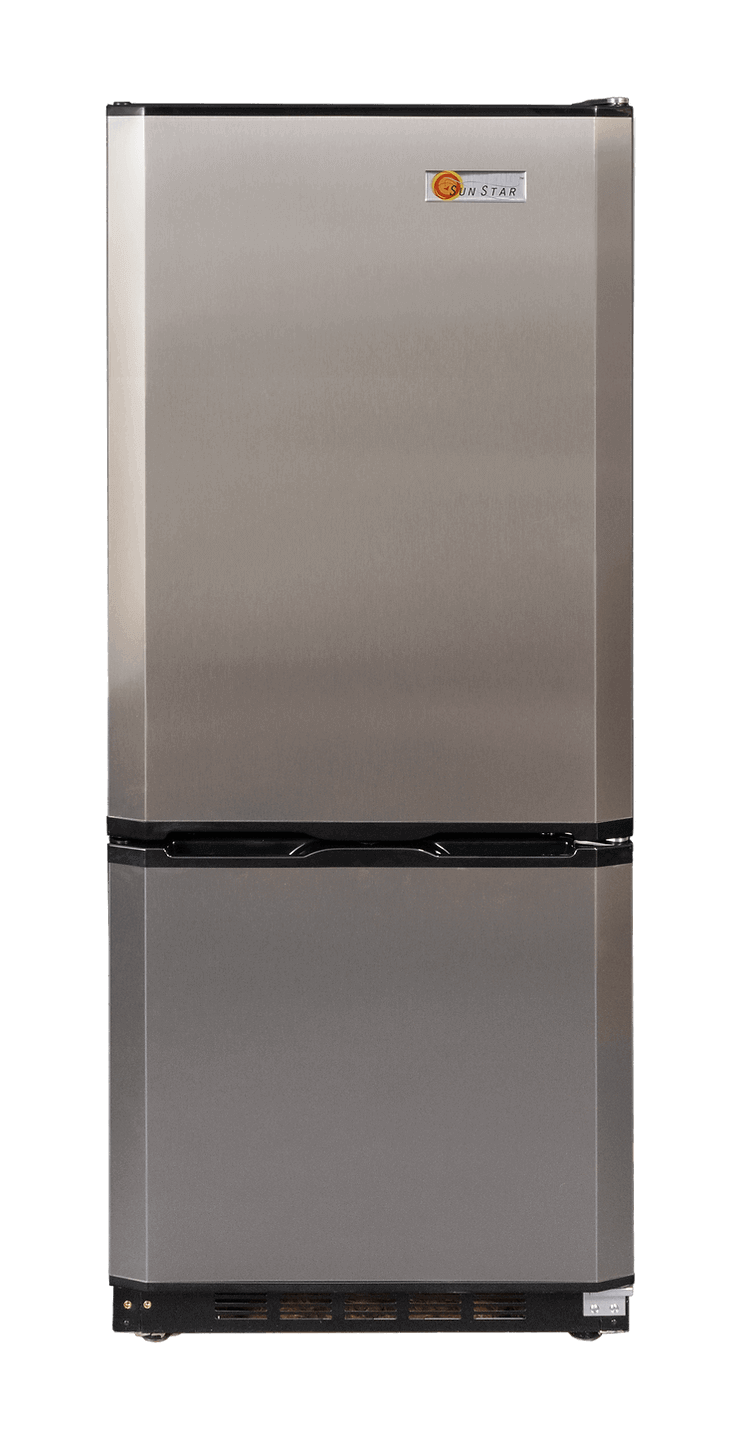 SunStar 10CU Solar DC/AC Refrigerator Black Stainless Steel, available at Cabin Depot. Energy-efficient for off-grid use.