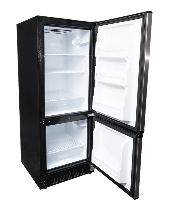 SunStar 10CU Solar DC/AC Refrigerator in Black and Stainless Steel from Cabin Depot, open to show interior