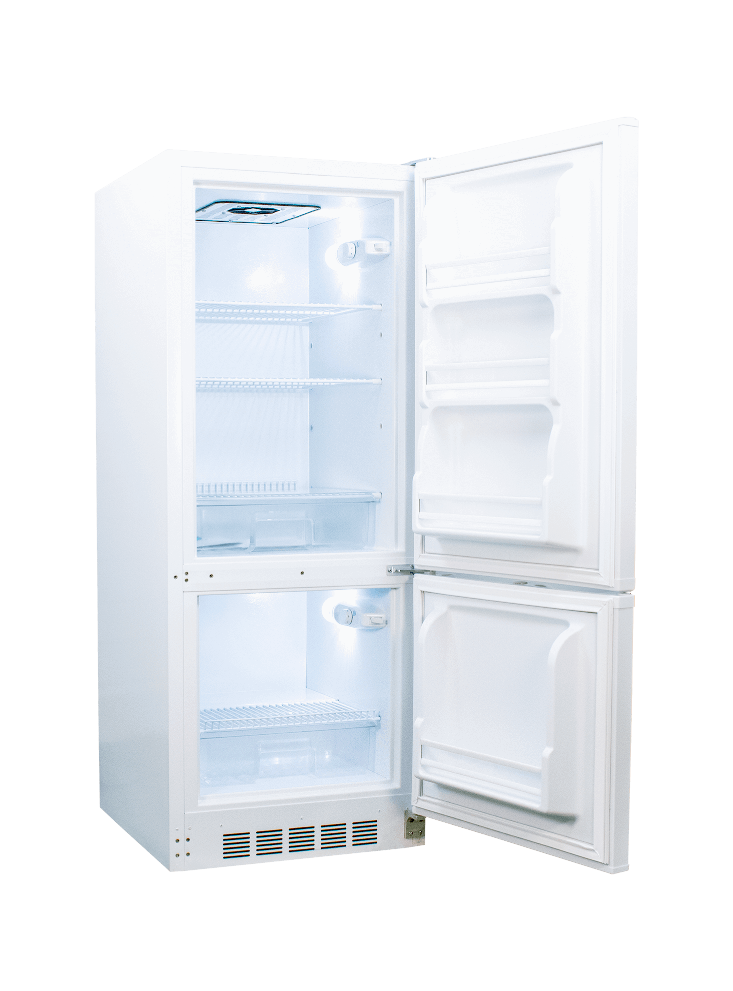 SunStar 10CU Solar DC/AC Refrigerator in white with open doors, available at Cabin Depot, energy-efficient option for off-grid living.