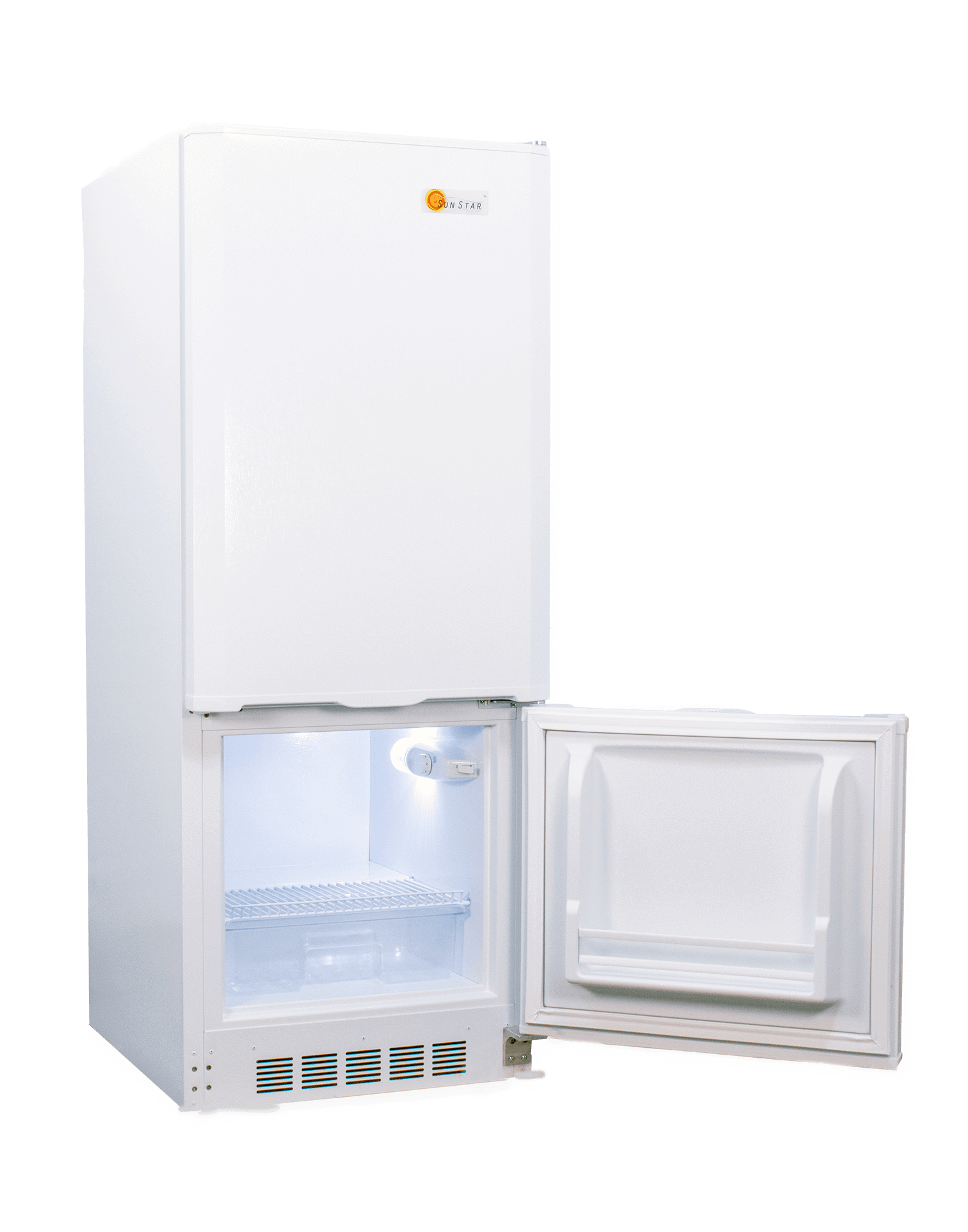 Alt Tag: SunStar 10CU Solar DC/AC Refrigerator in white with open door, available at Cabin Depot for energy-efficient cooling.