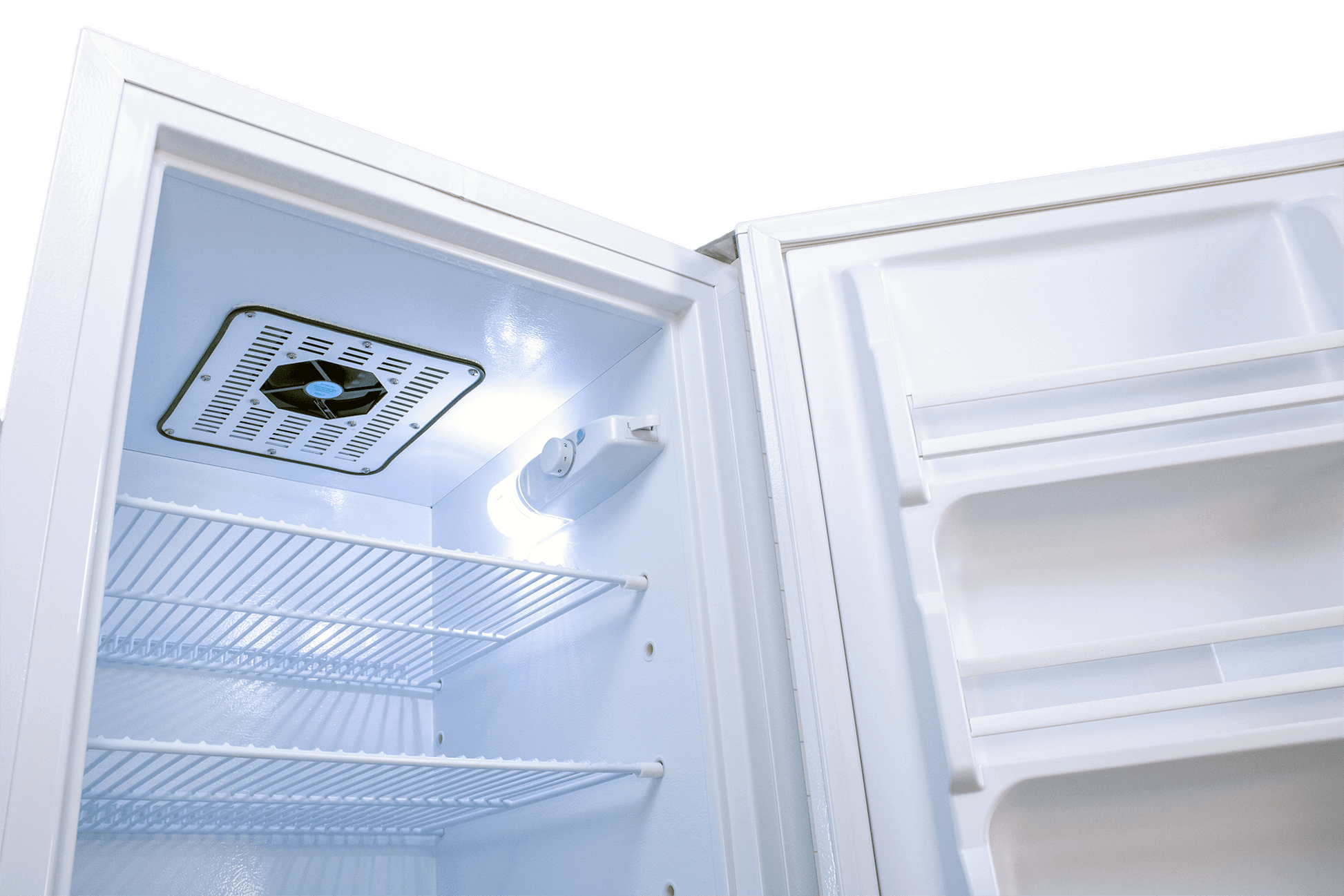 SunStar 10CU solar refrigerator interior showcasing shelves, available at Cabin Depot for efficient DC/AC cooling solutions.