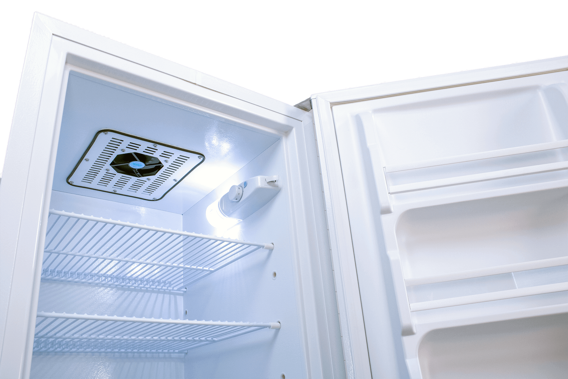 SunStar 10CU solar refrigerator interior showcasing shelves, available at Cabin Depot for efficient DC/AC cooling solutions.