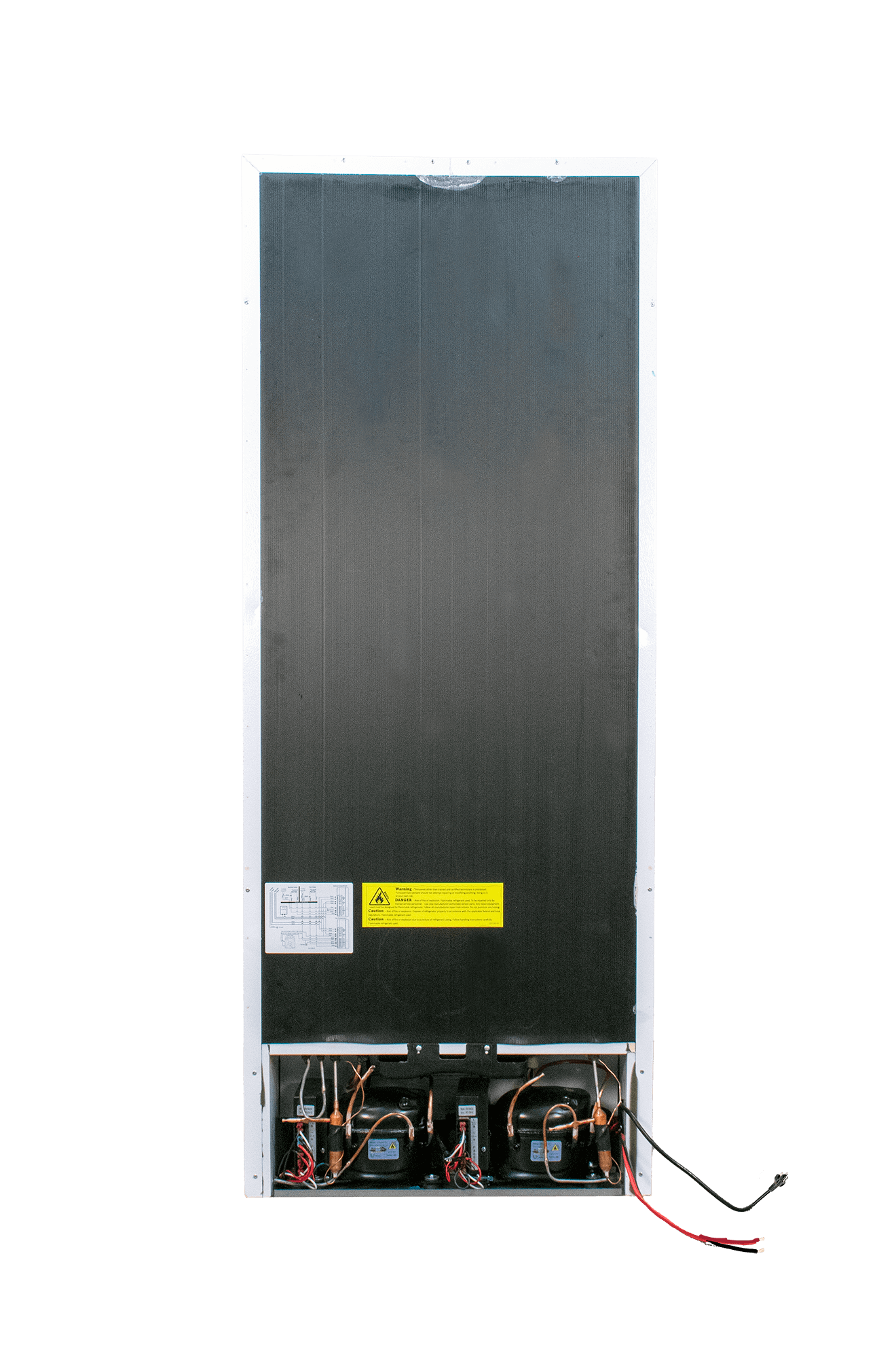 Back view of SunStar 10CU Solar DC/AC Refrigerator in white, available at Cabin Depot