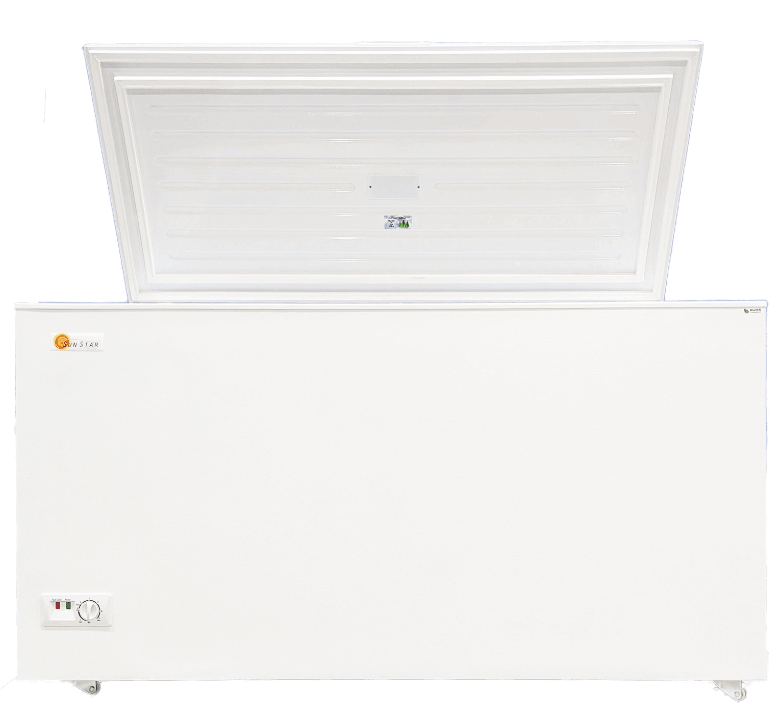 SunStar 15CU Solar/DC Chest Freezer with open lid, energy-efficient design for off-grid use, available at Cabin Depot.