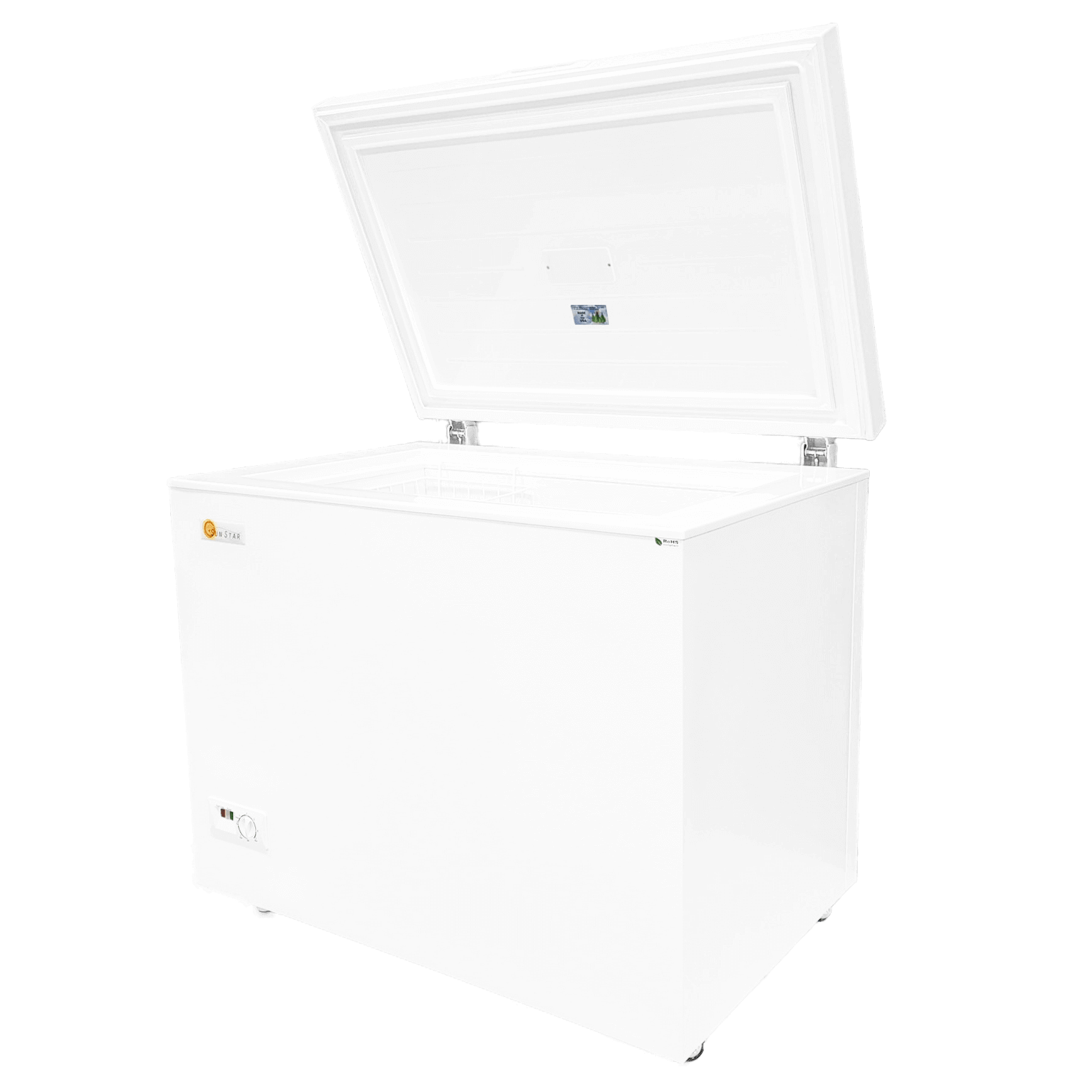 SunStar 8CU Solar/DC Chest Freezer with open lid, energy efficient 4.5" insulation, suitable for off-grid use, available at Cabin Depot