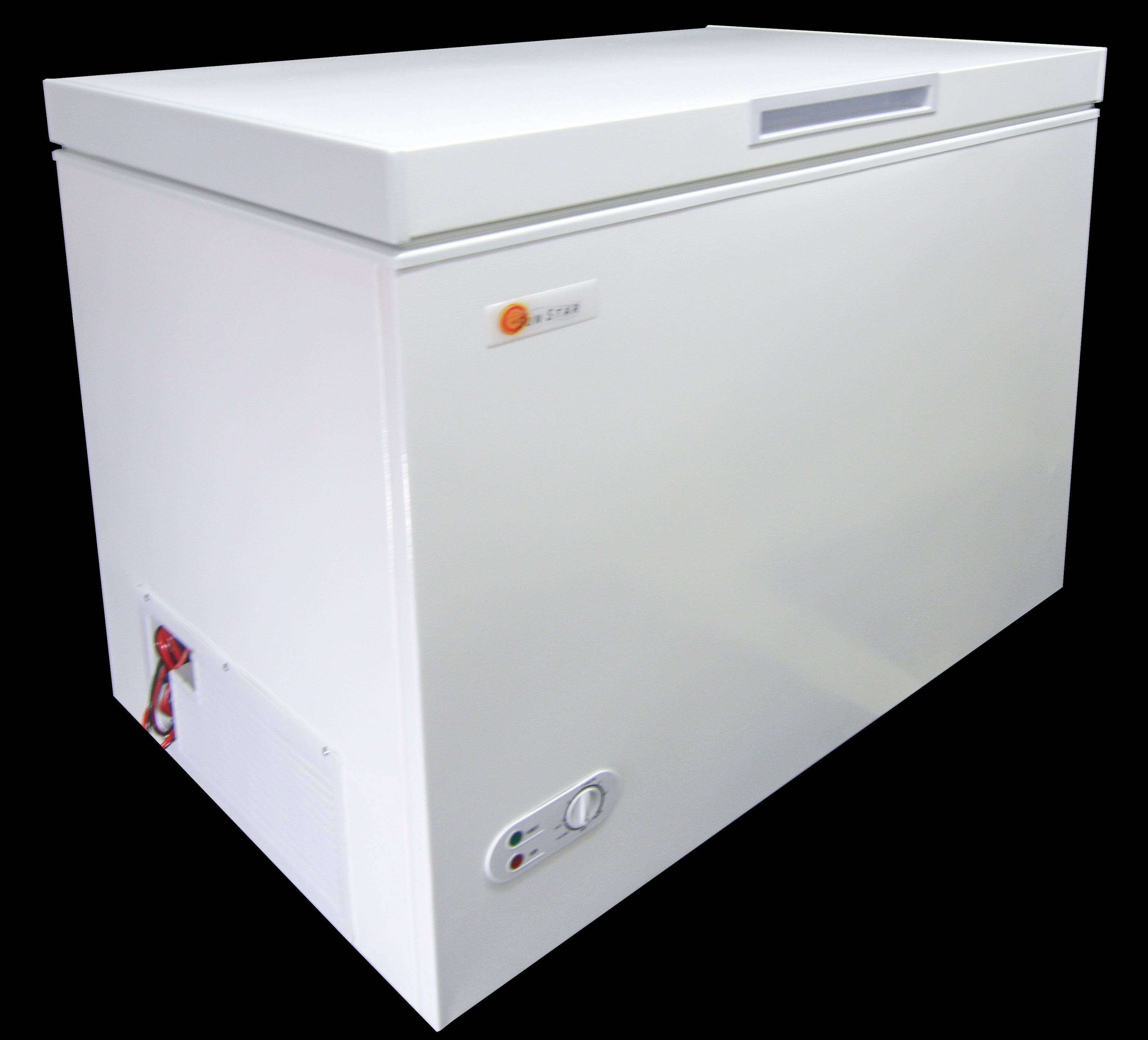 SunStar 8CU Solar/DC chest freezer from Cabin Depot, made in USA, energy-efficient, ideal for off-grid use with thick insulation.