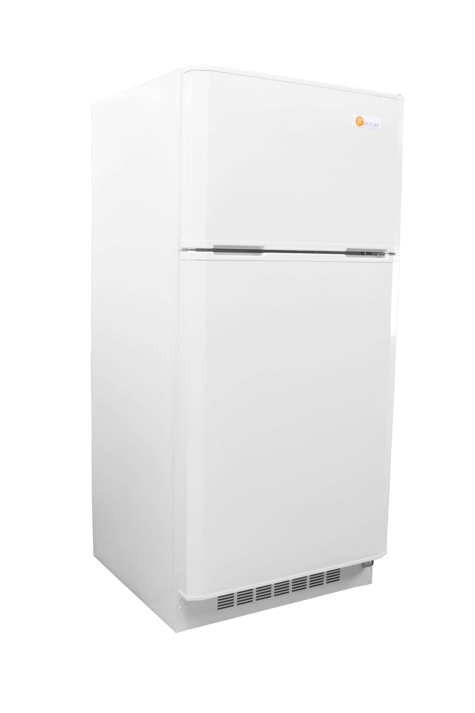 SunStar 16CU Solar/DC Refrigerator in white, available at Cabin Depot. Off-grid design, dual compressor system, energy-efficient fridge.