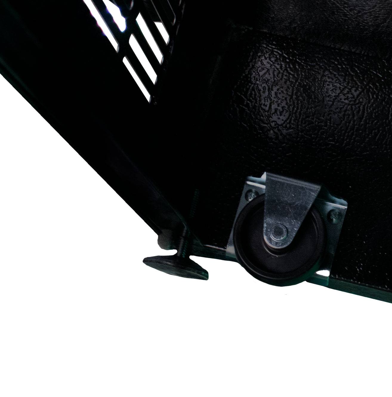 Close-up of SunStar 16CU Solar/DC Refrigerator caster wheel, available at Cabin Depot, ideal for off-grid living, Made in the USA.