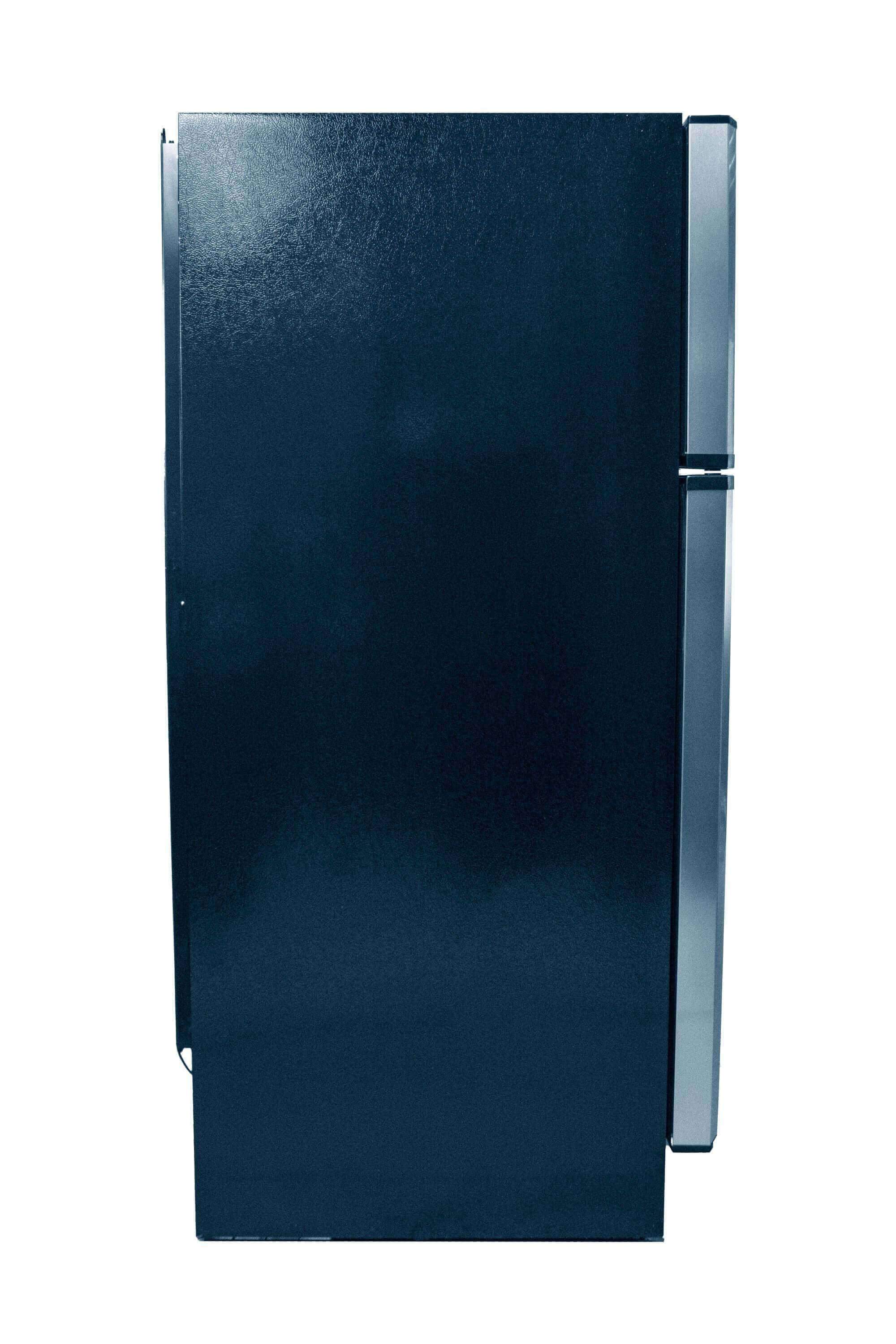 SunStar 16CU Solar/DC Refrigerator - Black with Stainless Steel Doors, perfect for off-grid cabins, available at Cabin Depot.