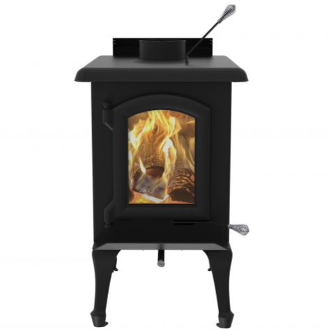 Black wood stove with visible flames on a white background