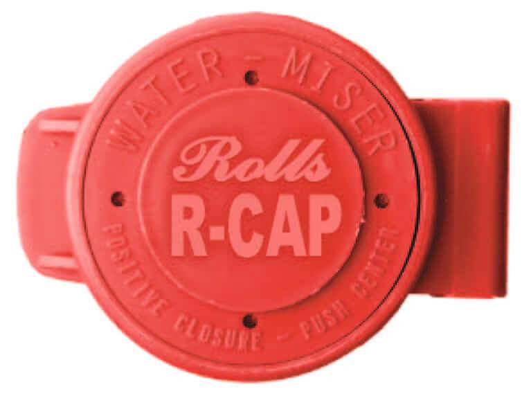 Rolls R-CAP water-saving battery vent cap close-up, showing red flip-top design for reducing water loss in batteries.