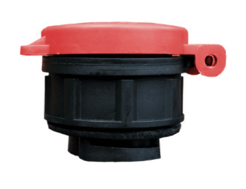 Rolls R-CAP water saving battery vent cap with red flip-top lid shown in close-up.