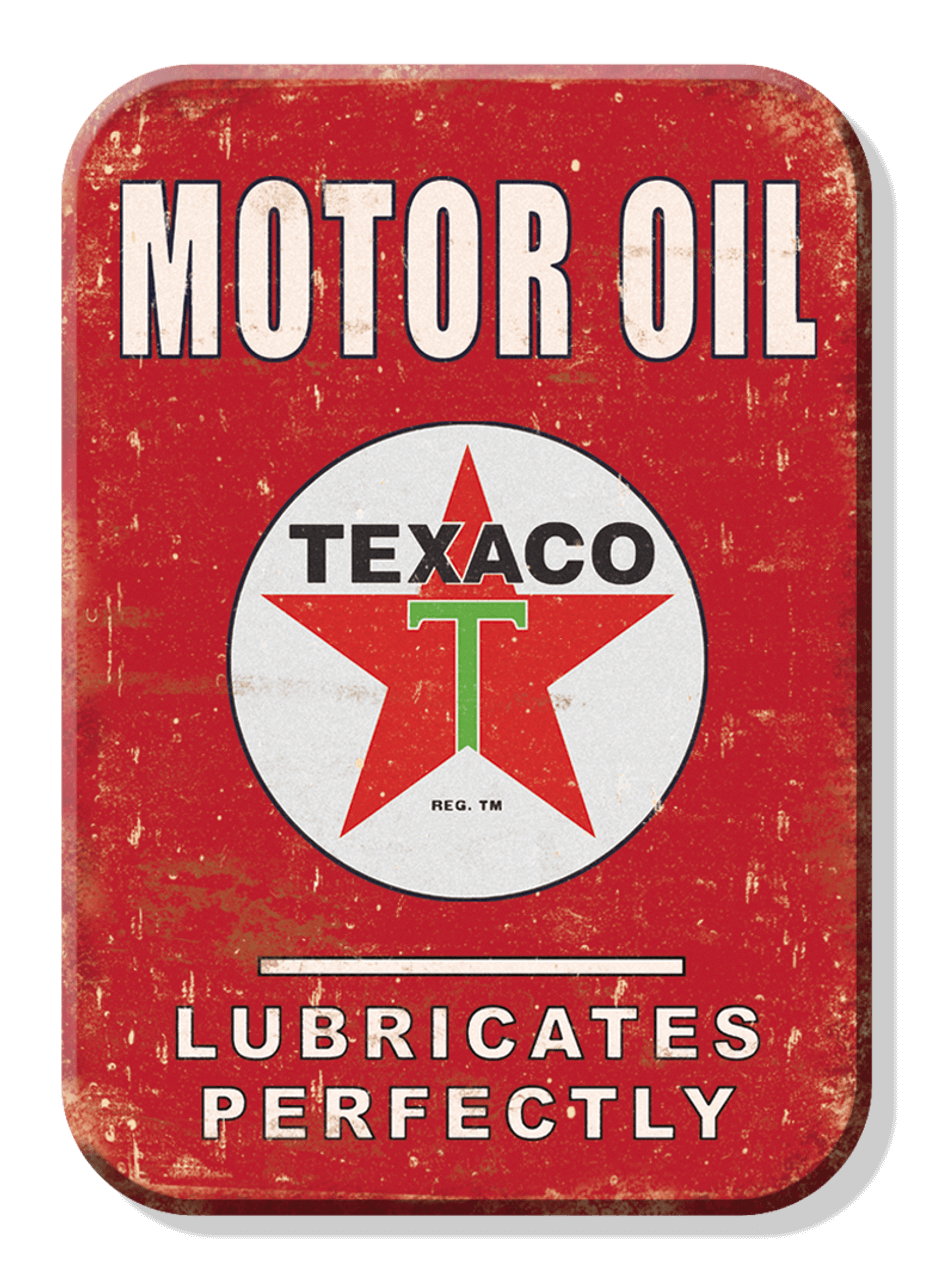 Vintage Texaco motor oil magnet sign with classic red star design, perfect for home decor at Cabin Depot.