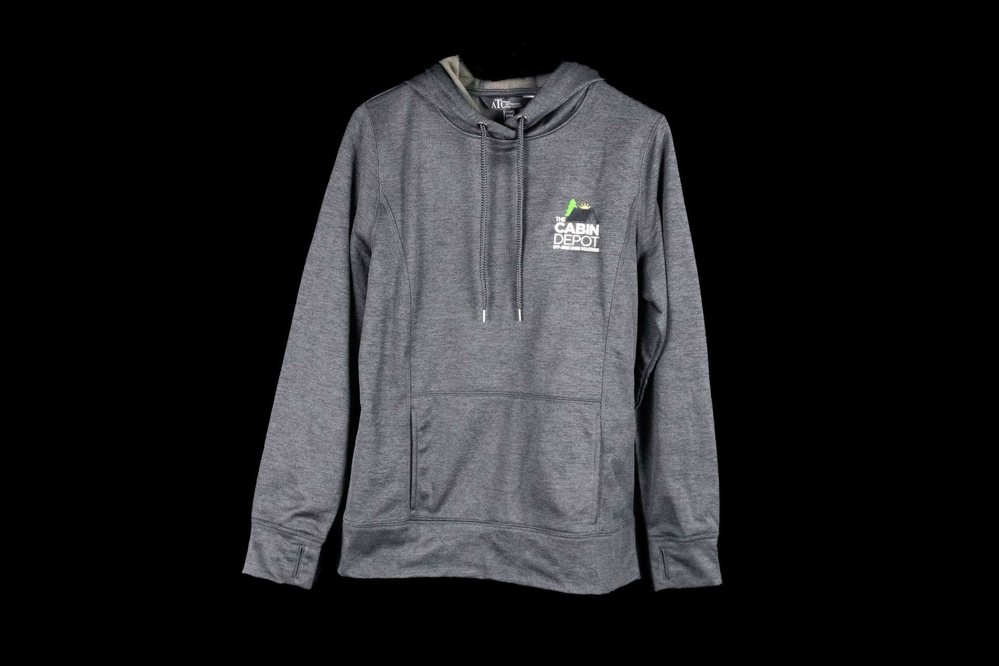 Cabin Depot XL Men's Heathered Black Hoodie with Logo, Comfortable 100% Polyester.