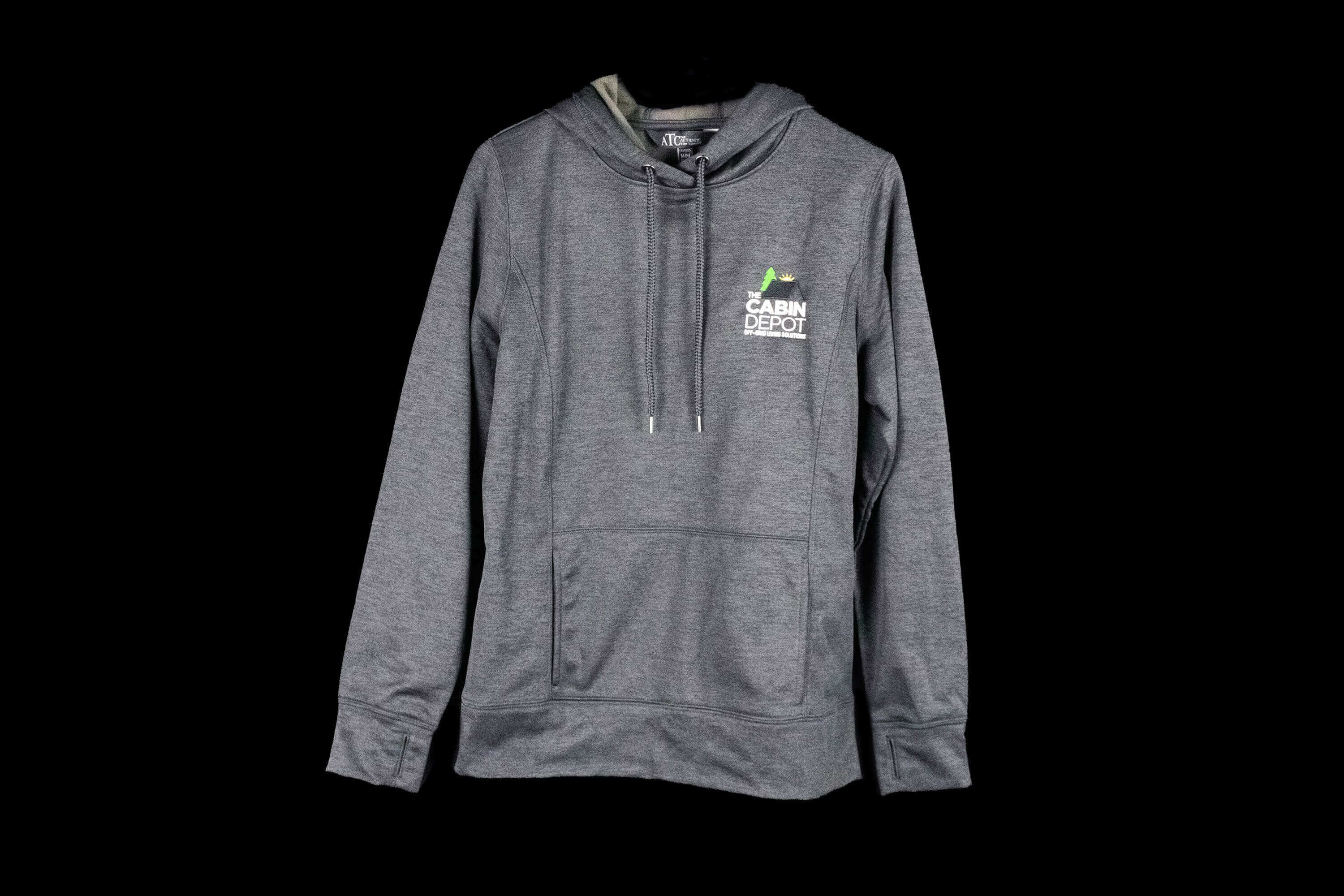 Cabin Depot XL Men's Heathered Black Hoodie with Logo, Comfortable 100% Polyester.