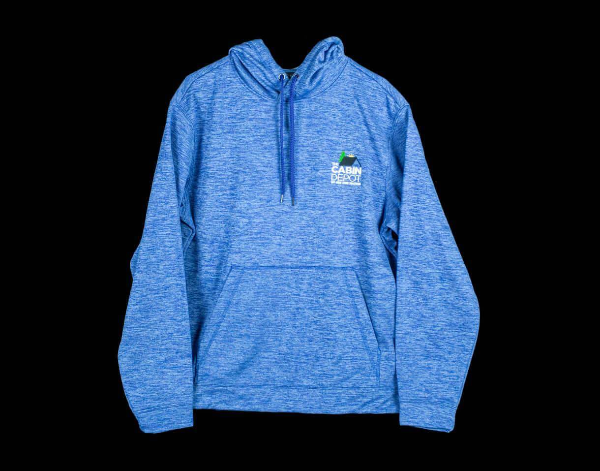 Cabin Depot XL Men's Heathered Blue Hoodie, 100% Polyester, comfortable with logo, perfect for casual wear.