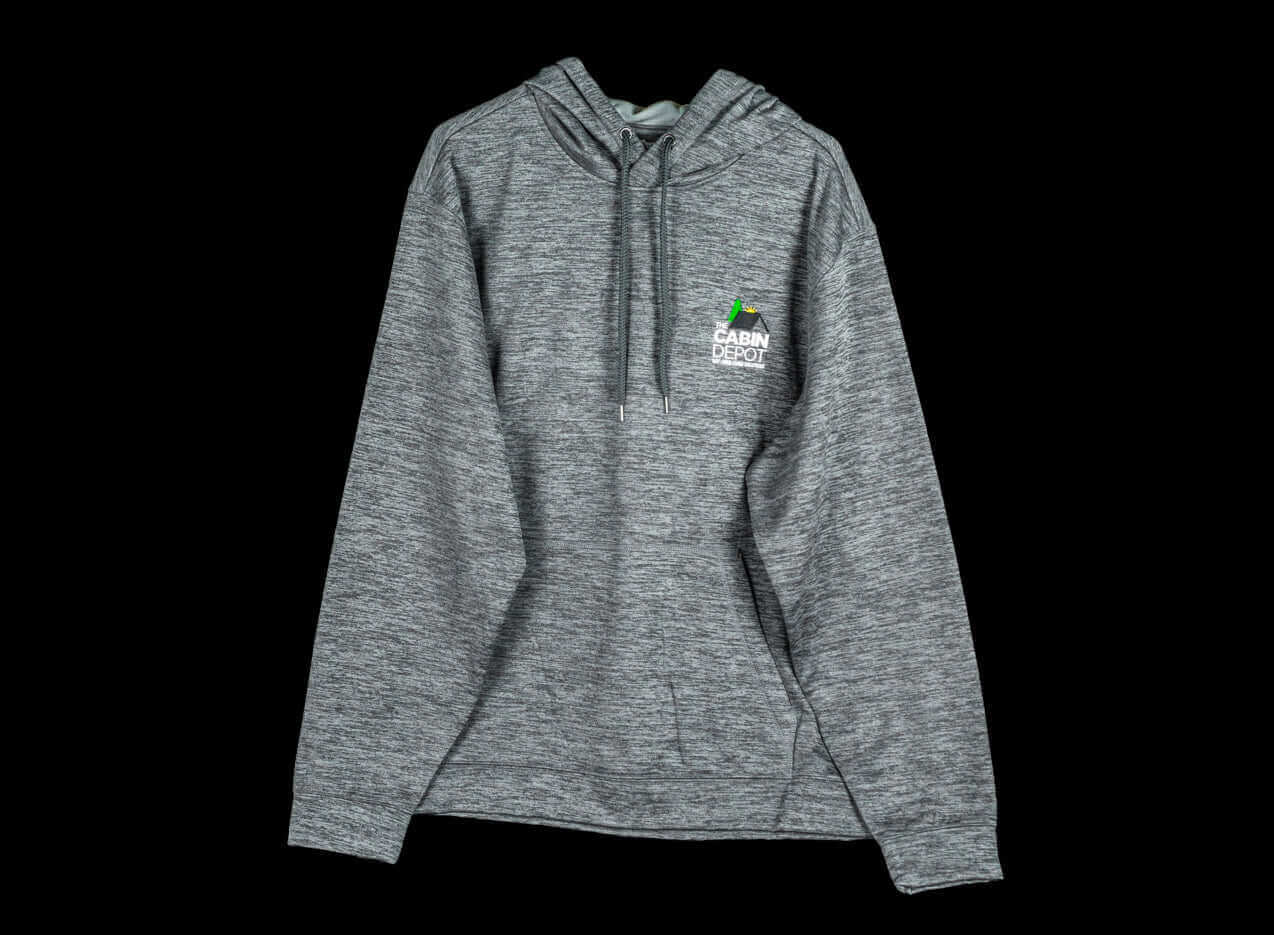 Cabin Depot XL Men's Charcoal Heathered Hoodie with logo, 100% polyester, comfortable fit, ideal for casual wear.