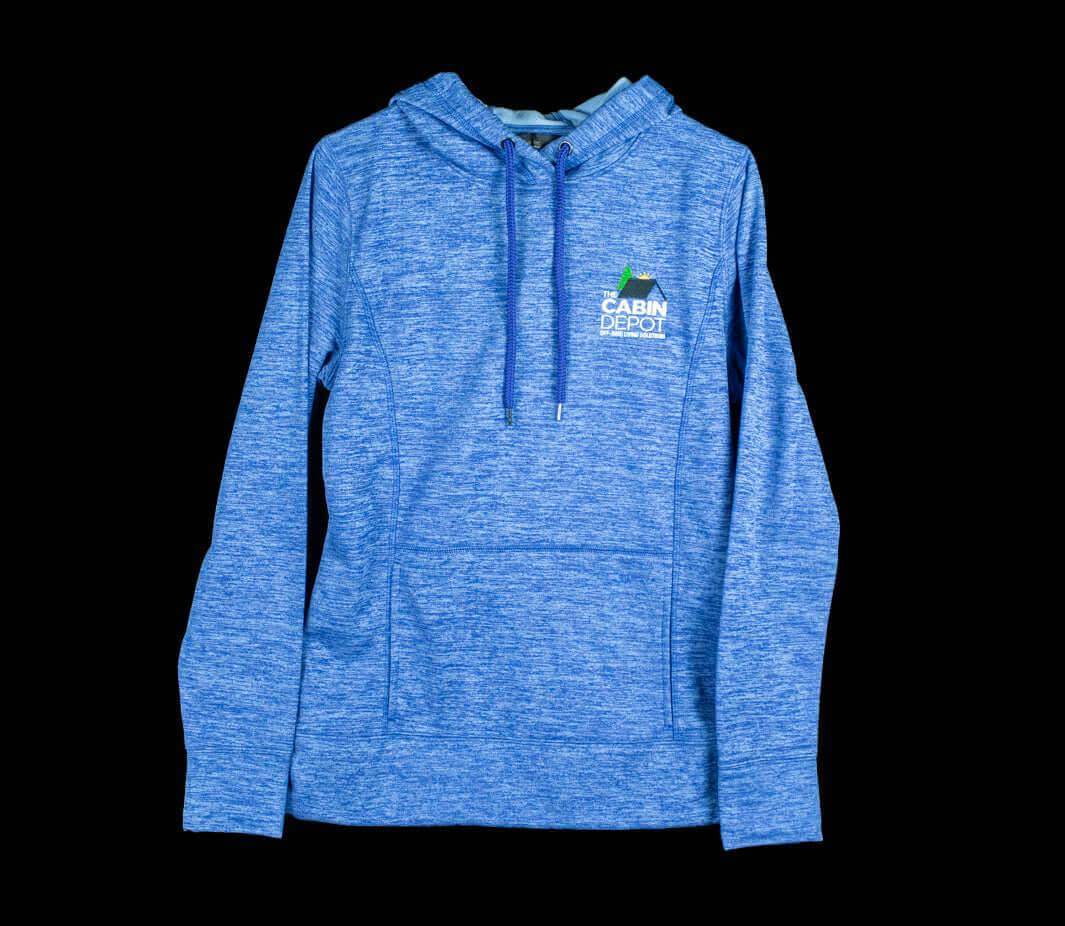 Cabin Depot XL Women's Heathered Blue Hoodie with Logo, Comfortable Polyester, Machine Washable, Warm Iron Friendly
