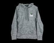 Cabin Depot XL Women's Heathered Hoodie in Charcoal showcasing logo, 100% polyester, machine washable.