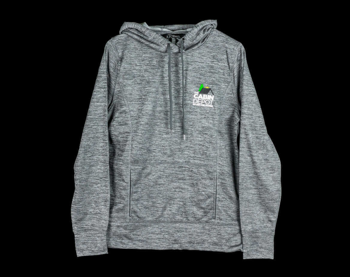 Cabin Depot XL Women's Heathered Hoodie in Charcoal showcasing logo, 100% polyester, machine washable.