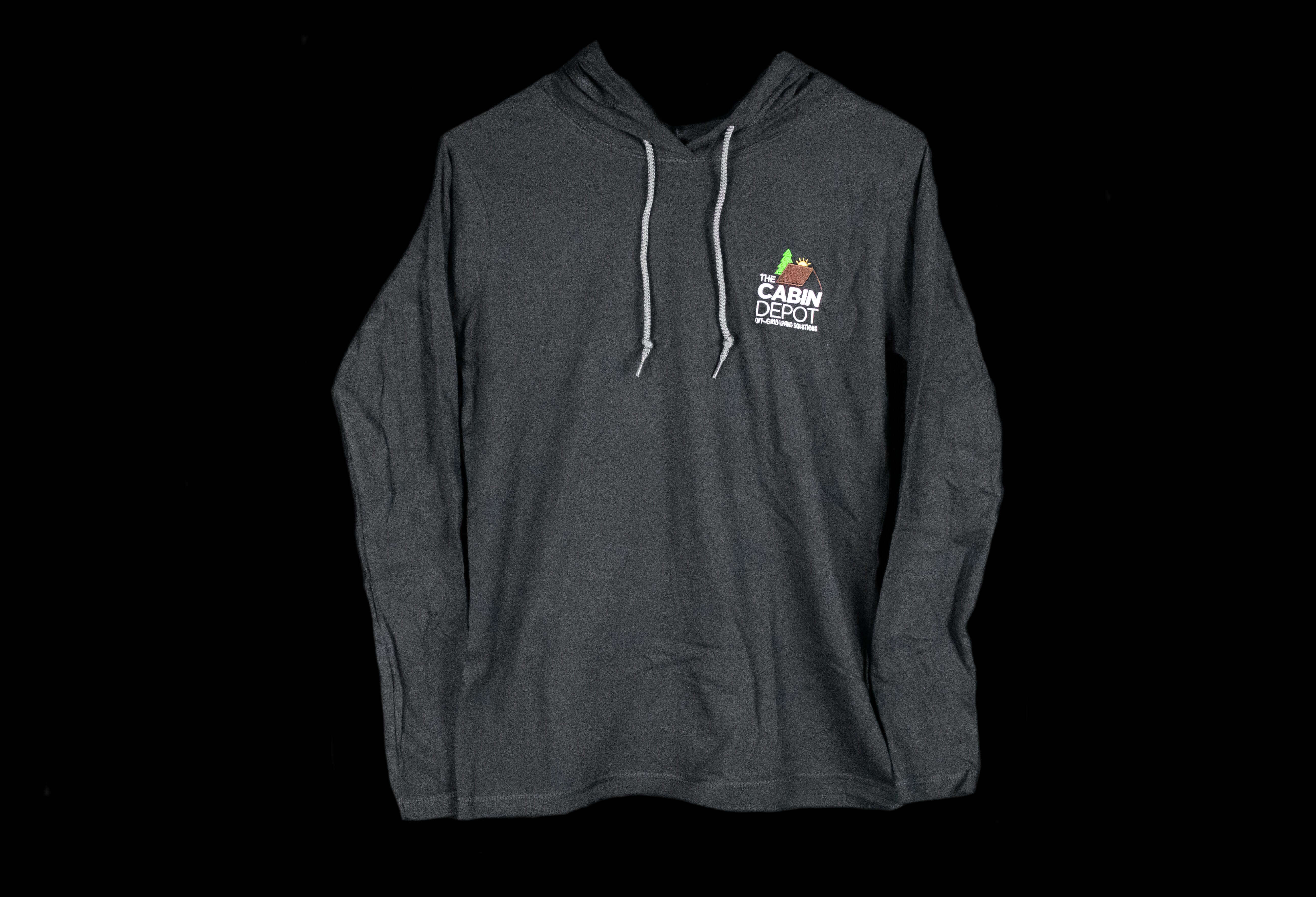 Alt Tag: Black XL Women's Long Sleeve Shirt by Cabin Depot, 100% cotton, lightweight with logo on front. Ideal for a stylish, snug fit.