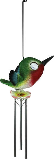 Rivers Edge Hummingbird LED Solar Garden Light and Wind Chime from Cabin Depot, featuring hand-painted design and solar-powered glow.
