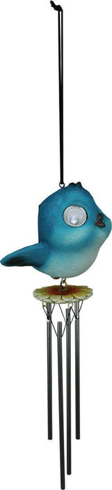 Solar-powered blue bird wind chime with LED light, ideal for garden decoration and outdoor ambiance.