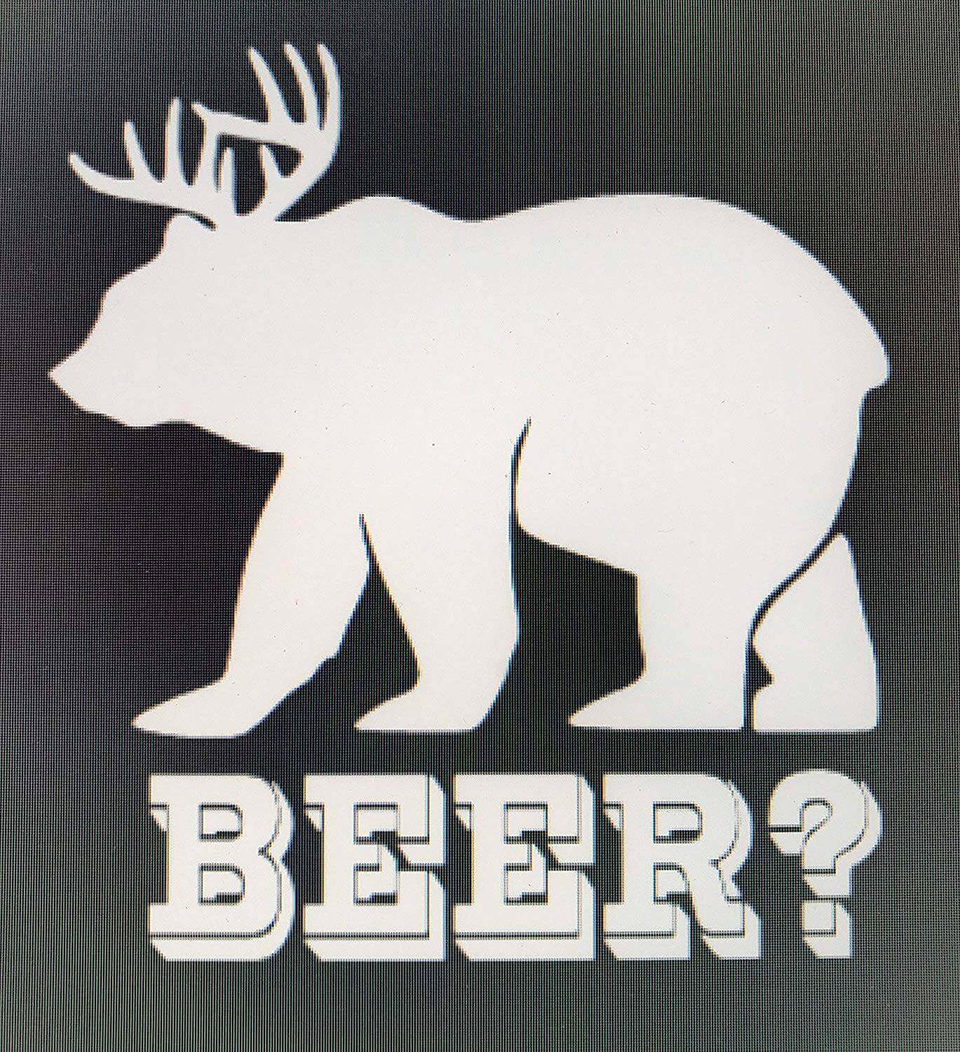 White Bear/Deer Vinyl Decal Sticker with 'BEER?' text, perfect for car or truck windows, available at Cabin Depot.