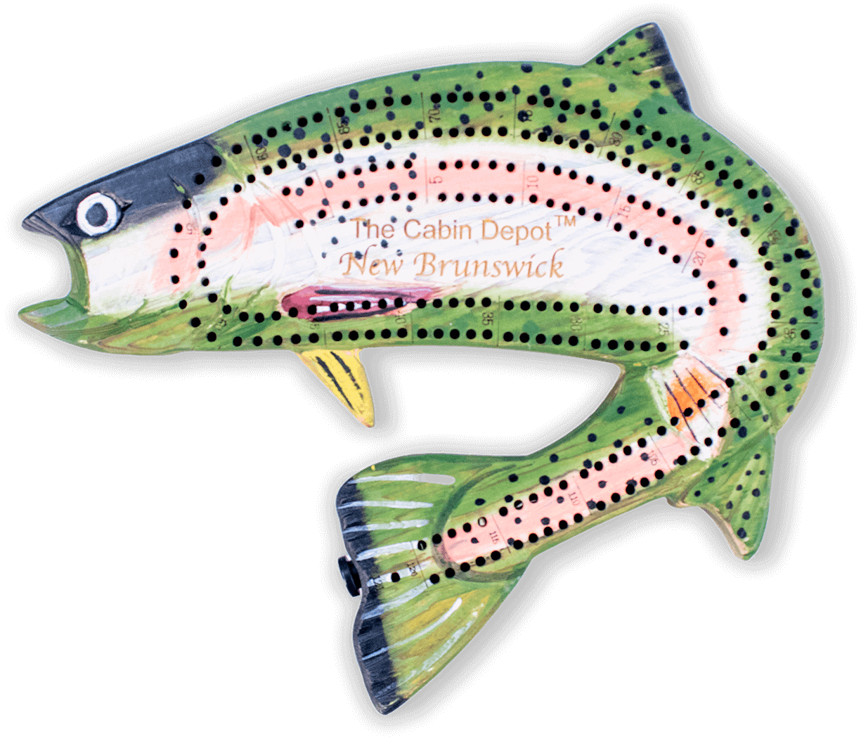 Hand-carved Rainbow Trout cribbage board from Cabin Depot, showcasing rustic decor and game piece storage, New Brunswick edition.