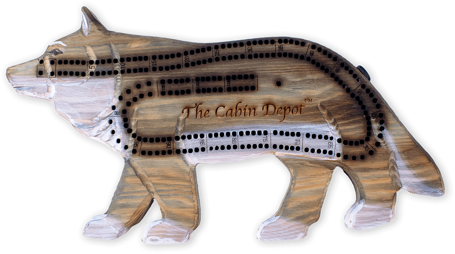 Alt Tag: Kedron hand-carved wolf cribbage board from Cabin Depot, detailed wooden decor with hidden peg storage for cozy cabin nights.