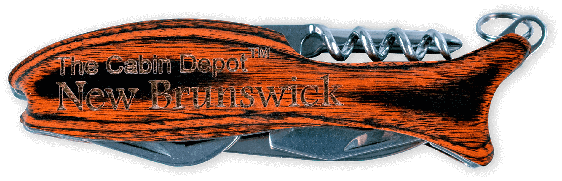 Wooden fish-shaped multi-tool knife featuring corkscrew, crafted by North West Laser Designs with New Brunswick engraving.