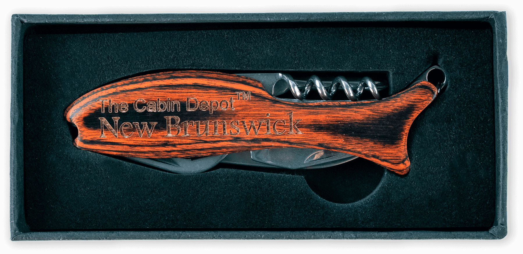 Fish-shaped wood multi-tool knife by North West Laser Designs, featuring Cabin Depot branding. Ideal for outdoor enthusiasts.
