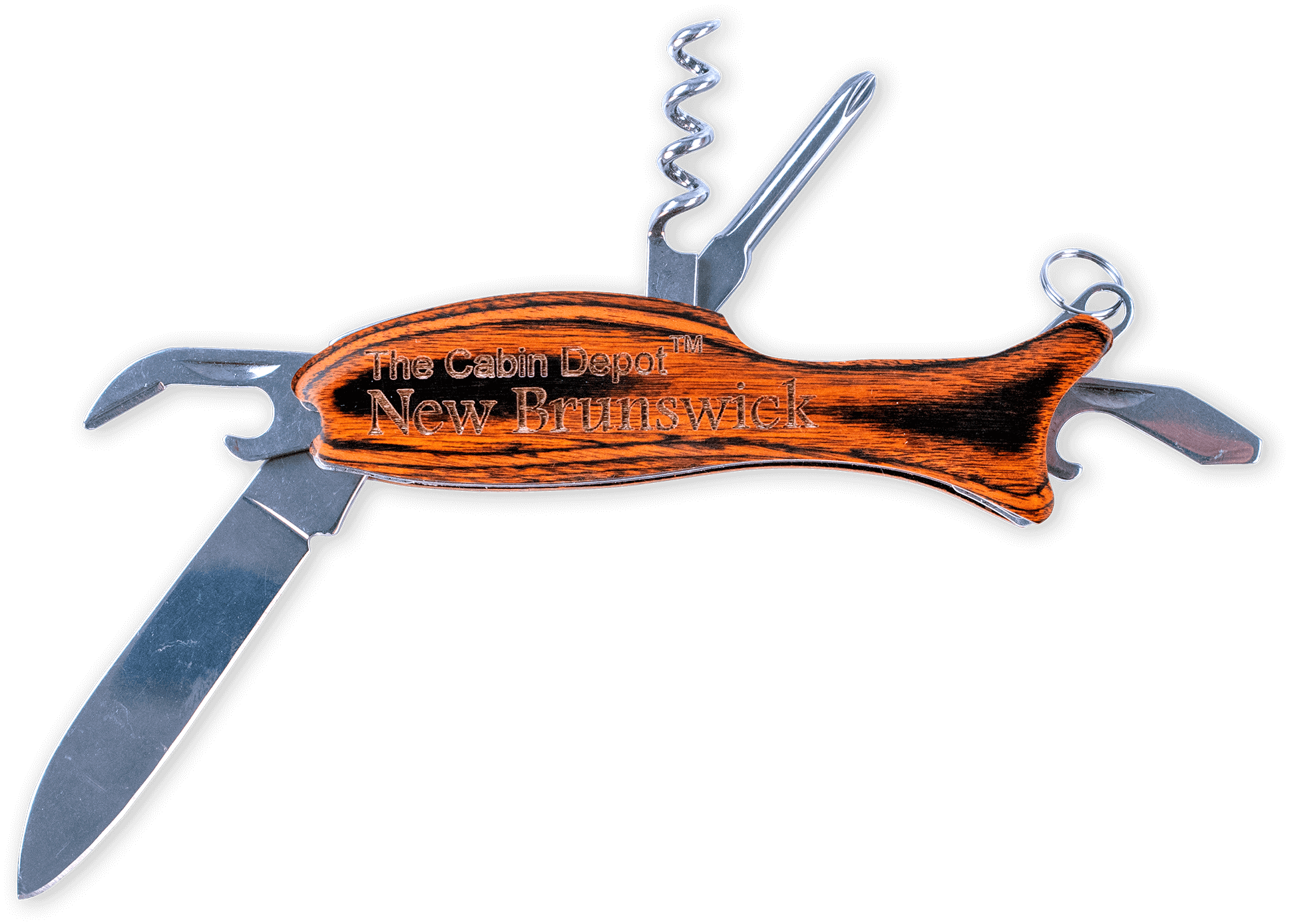 Fish-shaped wood multi-tool knife by North West Laser Designs, featuring a Cabin Depot logo, ideal for outdoor activities and collectors.