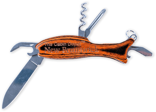 Fish-shaped wood multi-tool knife with multiple functions by North West Laser Designs, featuring "The Cabin Depot New Brunswick" engraving.